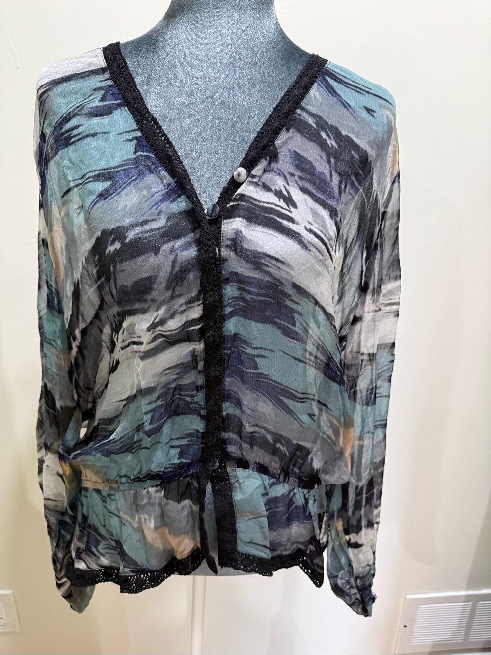 Buffalo David Bitton Navy, Teal, Black Sheer Tie-Dye V-Neck Blouse